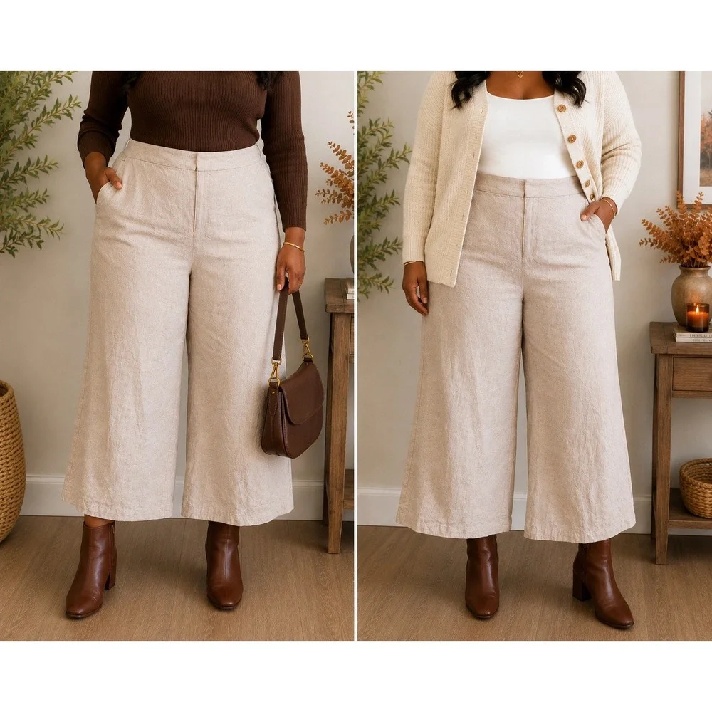XL 145 H&M NWT Linen Blend Wide Leg Cropped Pants Neutral Coastal Quiet Luxury